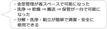 ・金型管理が省スペースで可能になった　・洗浄⇒乾燥⇒搬送⇒保管が一台で可能になった　・分解・洗浄・組立が簡単で清潔・安全に使用できる